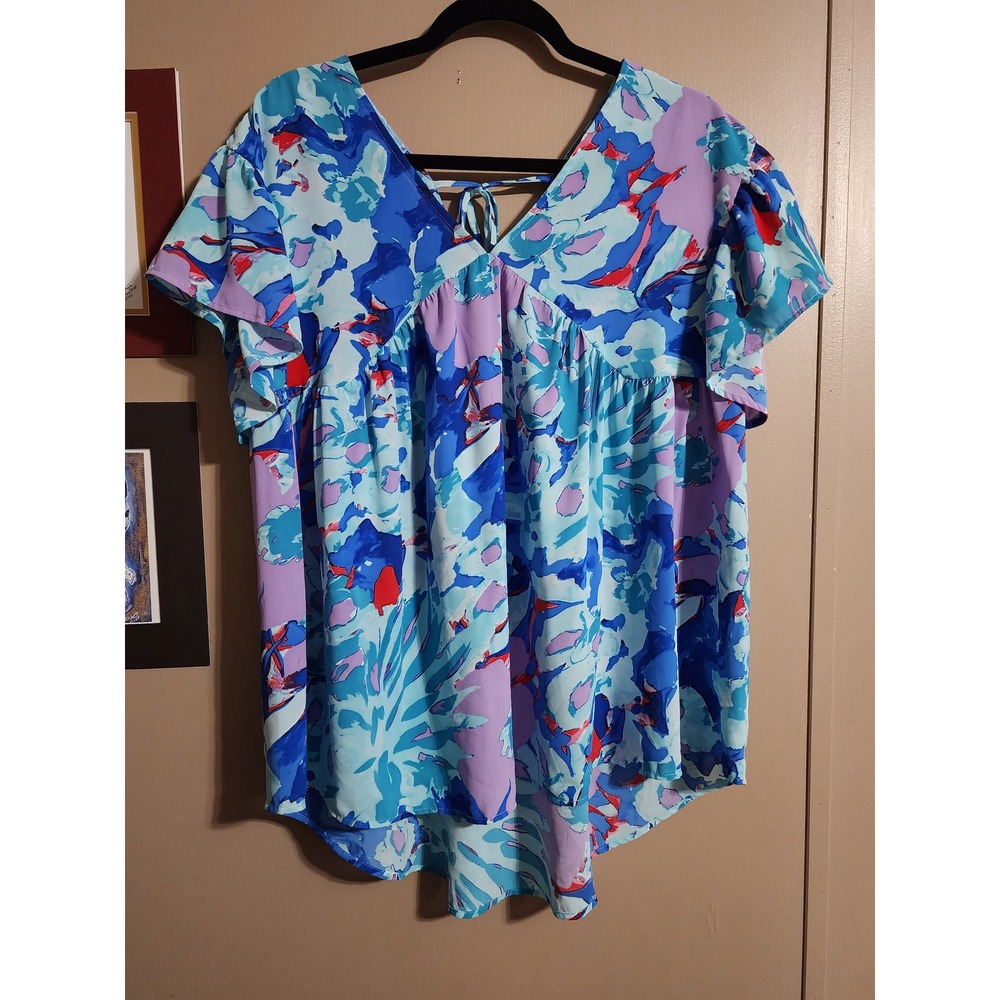 Unbranded Babydoll Top Abstract Floral Print Large Blue Purple